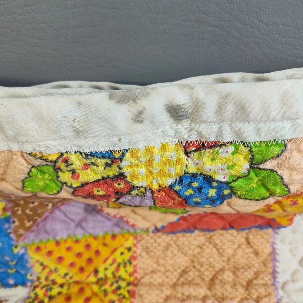 Vintage 1970s Hollie Hobbie Style Patchwork Quilt Blanket Handmade 52x44 Retro